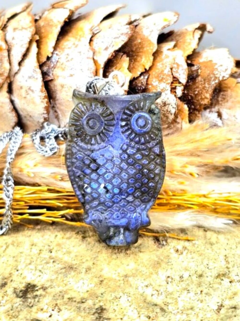 Labradorite Carved Owl Pendant 1" • Cute Blue‑Flash Crystal Necklace • Owl Jewel